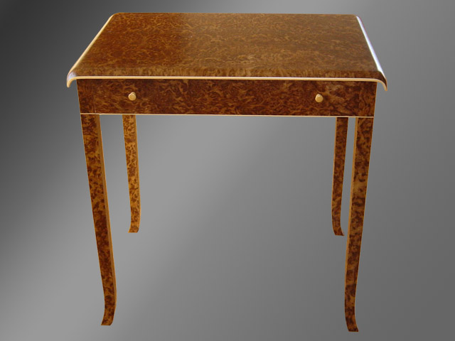 Burr brown oak side table with boxwood inlay.