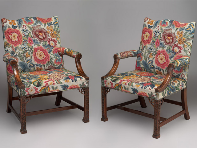 Pair of Gainsborough chairs upholstered in tapestry of client’s making